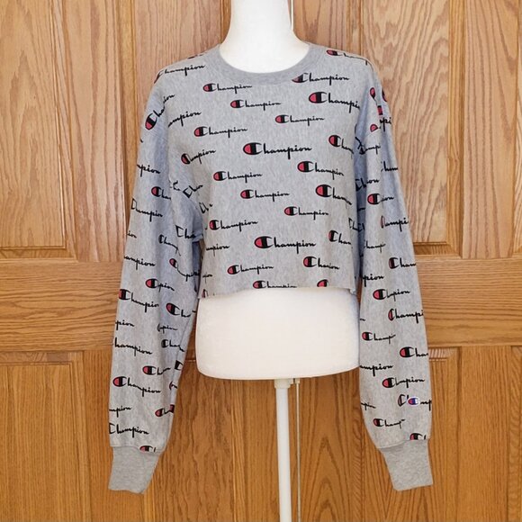 Champion Reverse Weave Oversized Cropped Sweatshirt All-Over Logo Design - Picture 5 of 15